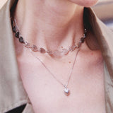 Close-up of a person wearing a necklace with a pendant.