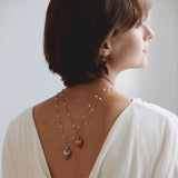 Woman wearing a white garment with a deep neckline, revealing a necklace on her back.