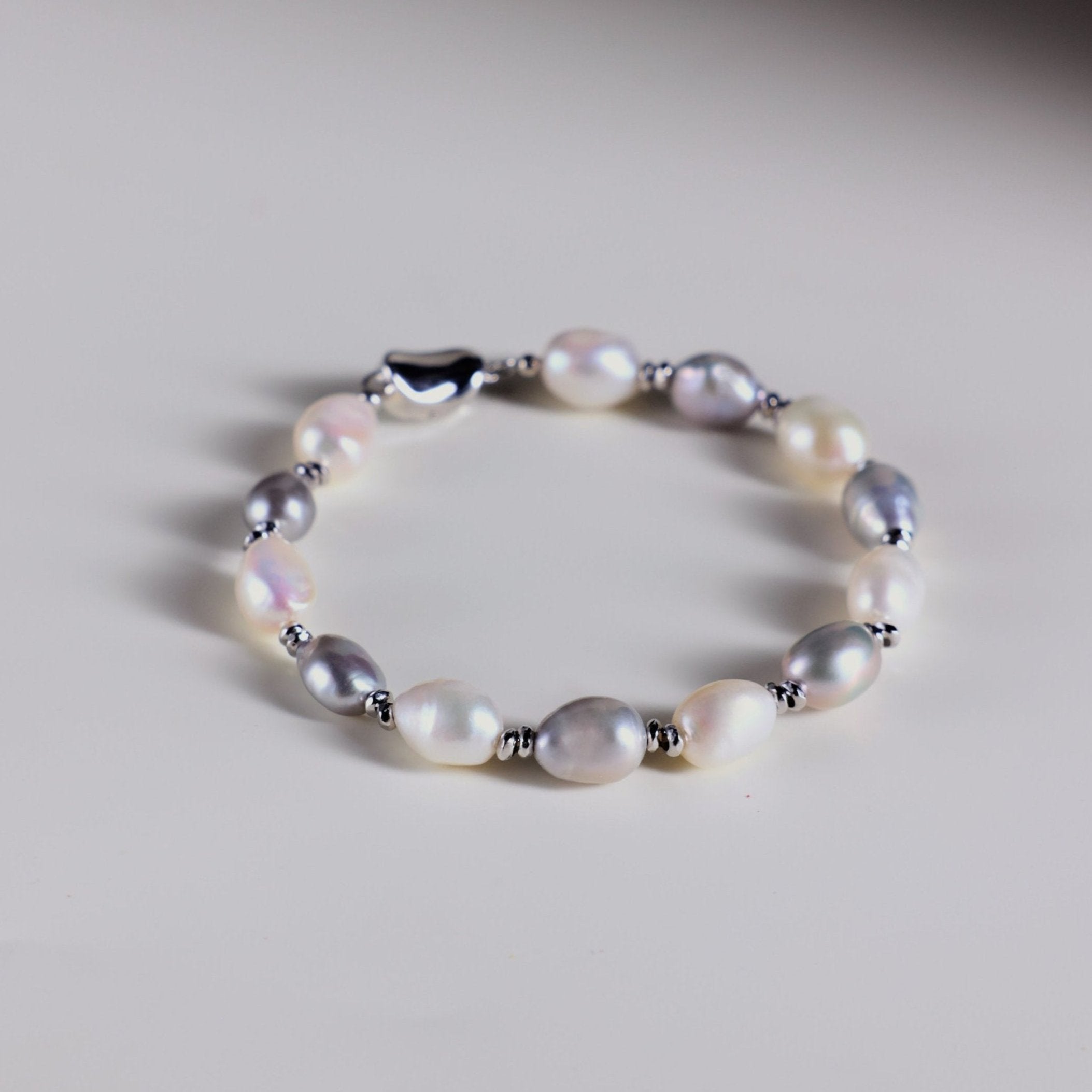Luminous Pearl Bracelet - Silver Grey and White Pearls with Sterling Silver Accents | Real Freshwater Pearls | Pearl Gift