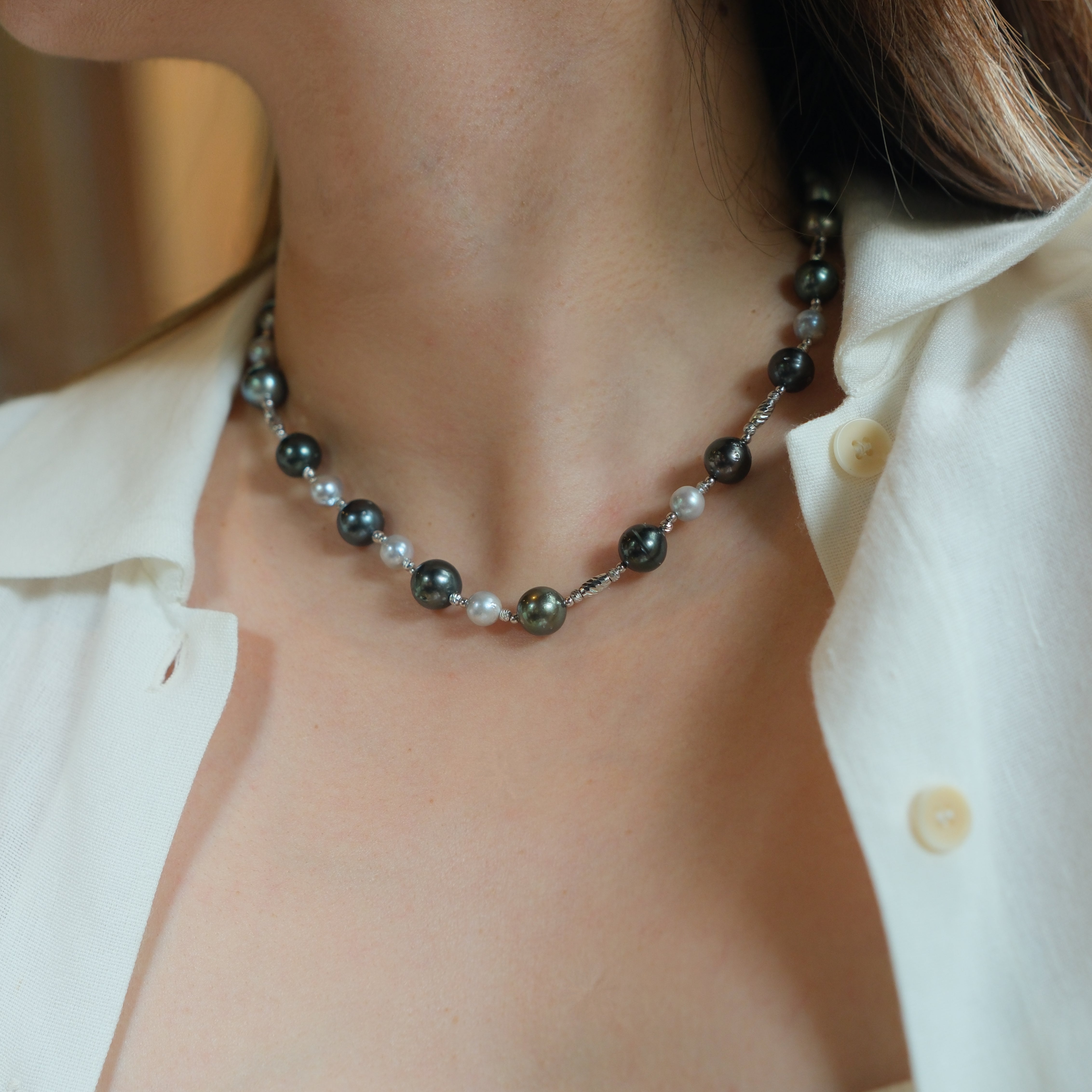 Tahitian black pearls are symbols of mystery, independence, and strength, while blue Akoya pearls represent serenity, elegance, and beauty. Together, they make this necklace not only a fashionable statement but also a meaningful piece that celebrates both bold individuality and refined grace.